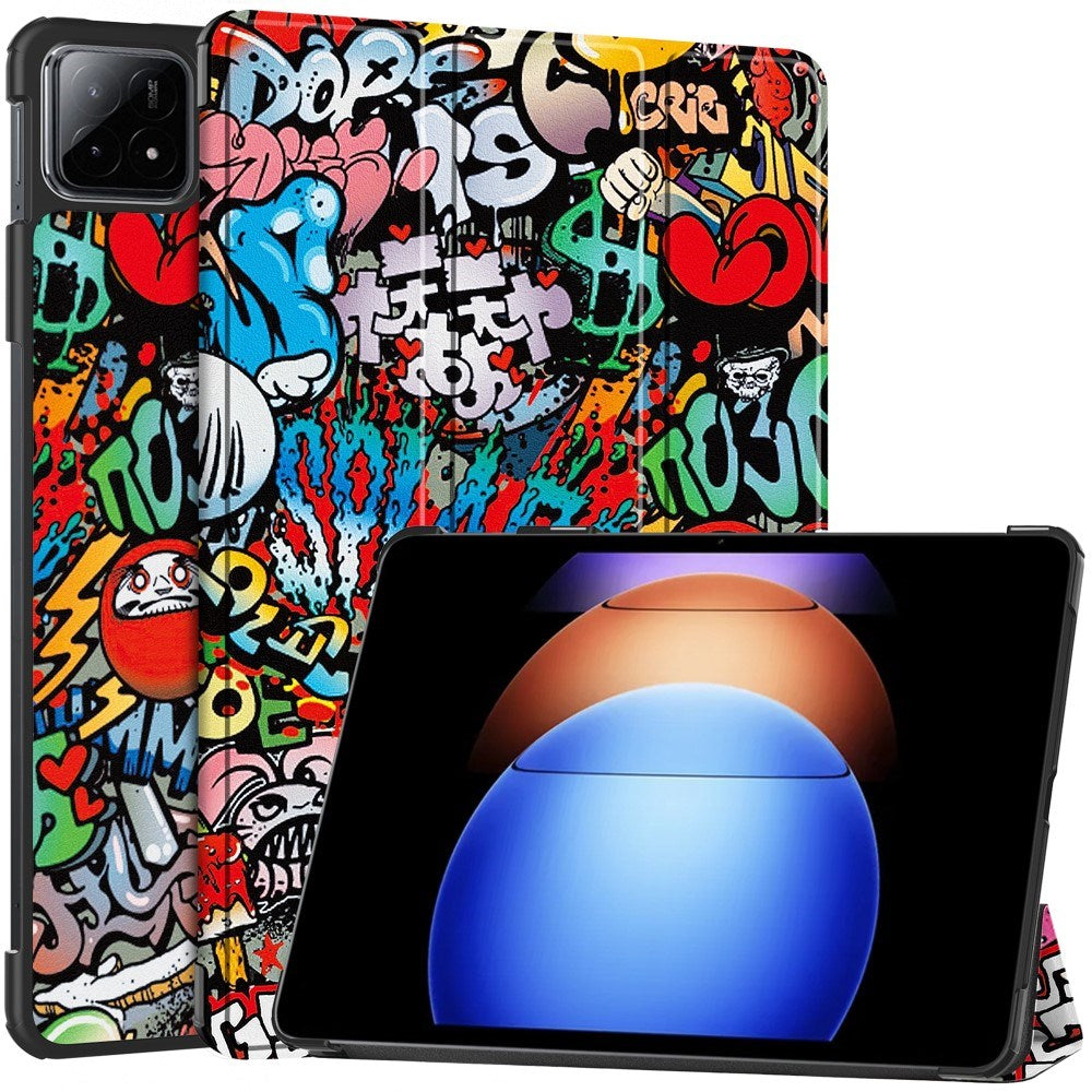 EIDERWOOD Xiaomi Pad 6S Pro Tri-Fold Kunstlæder Flip Cover m. Vågeblus Funktion - Graffiti