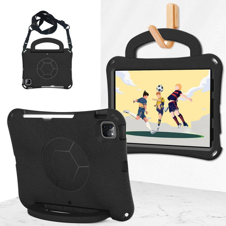 EIDERWOOD iPad Air 10.9" (2022 / 2020) / Pro 11" (2024-2018) Børne Cover - Fodbold - Kickstand & Håndtag - Sort