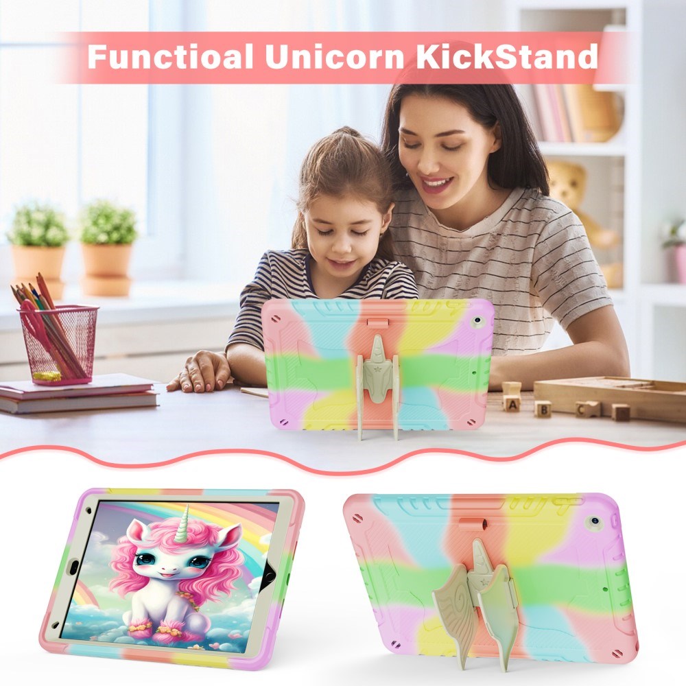 EIDERWOOD iPad 10.2" (2021 / 2020 / 2019) Unicorn Kickstand Børne Cover - Regnbue / Beige