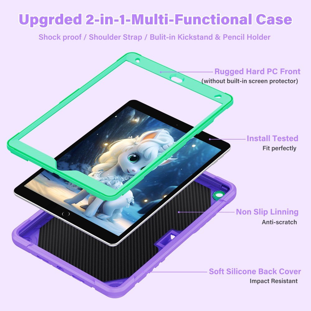 EIDERWOOD iPad 10.2" (2021 / 2020 / 2019) Unicorn Kickstand Børne Cover - Lilla / Grøn