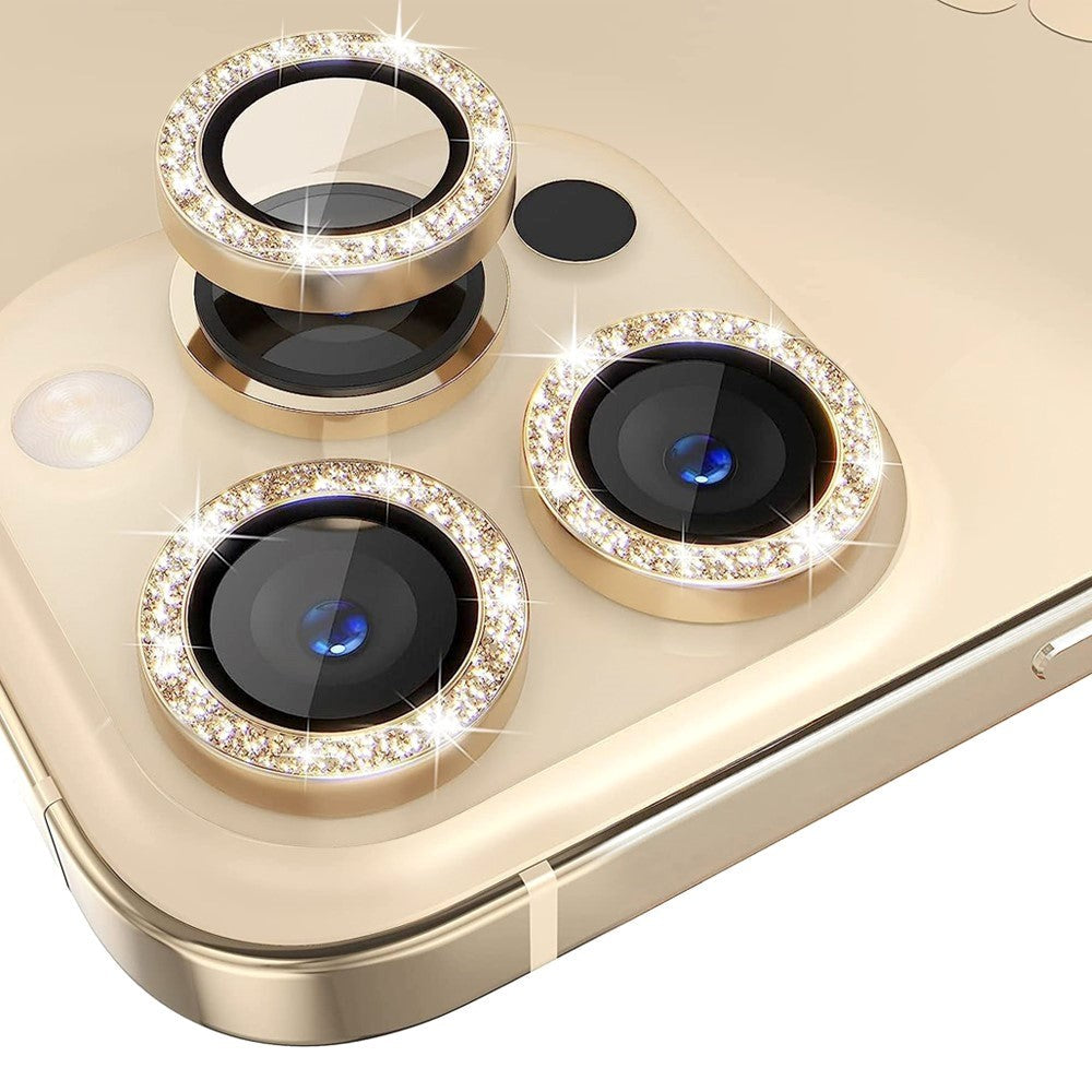 iPhone 13 Pro / 13 Pro Max Kamera Beskyttelse m. Rhinsten - Guld