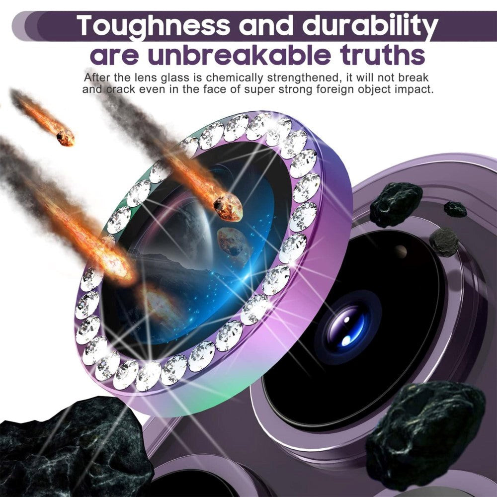 Kameralinse Beskyttelse m. Rhinsten til iPhone 15 Pro / 15 Pro Max - Regnbue