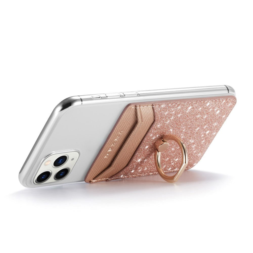 Læder Kortholder Selvklæbende m. Fingerring - Glimmer - Rose Gold