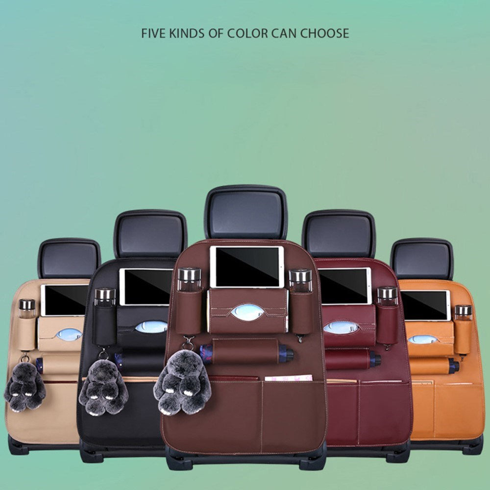 Læder Bagsæde Organizer m. Opbevaring til Paraply, Drikkeflasker & Tablet - Brun