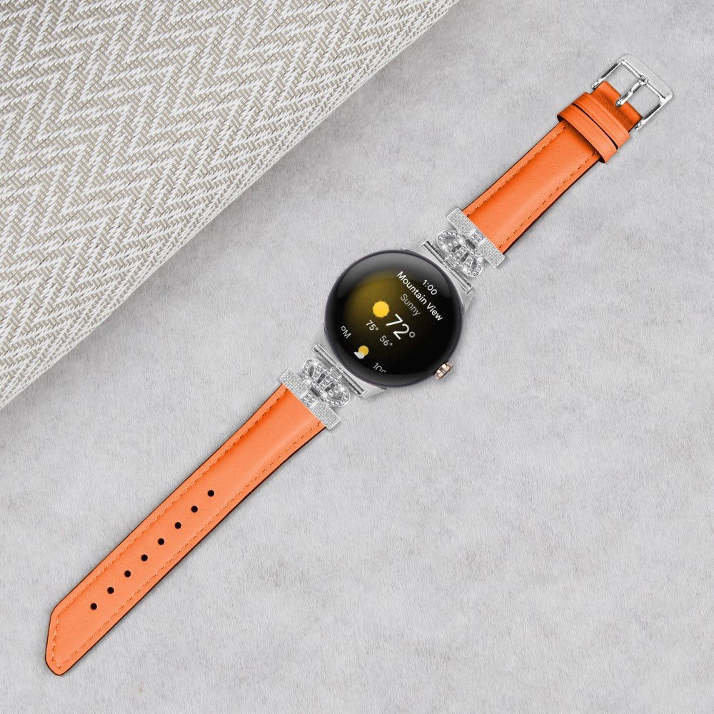 Google Pixel Watch 1 / 2 / 3 Læder Urrem m. Sølv Rhinsten Spænde - Orange