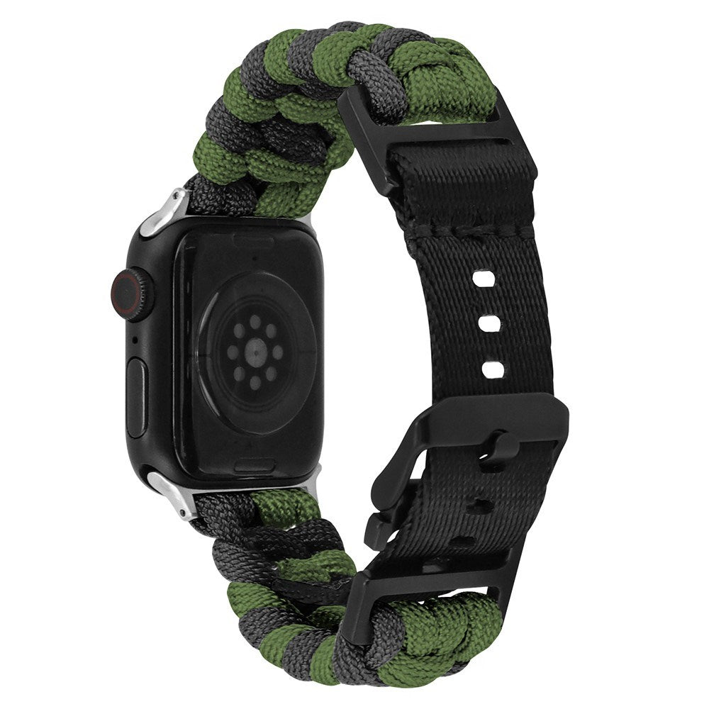 Apple Watch (42/44/SE/45/46/49mm) EIDERWOOD Tofarvet Flettet Nylon Urrem - Grøn / Sort