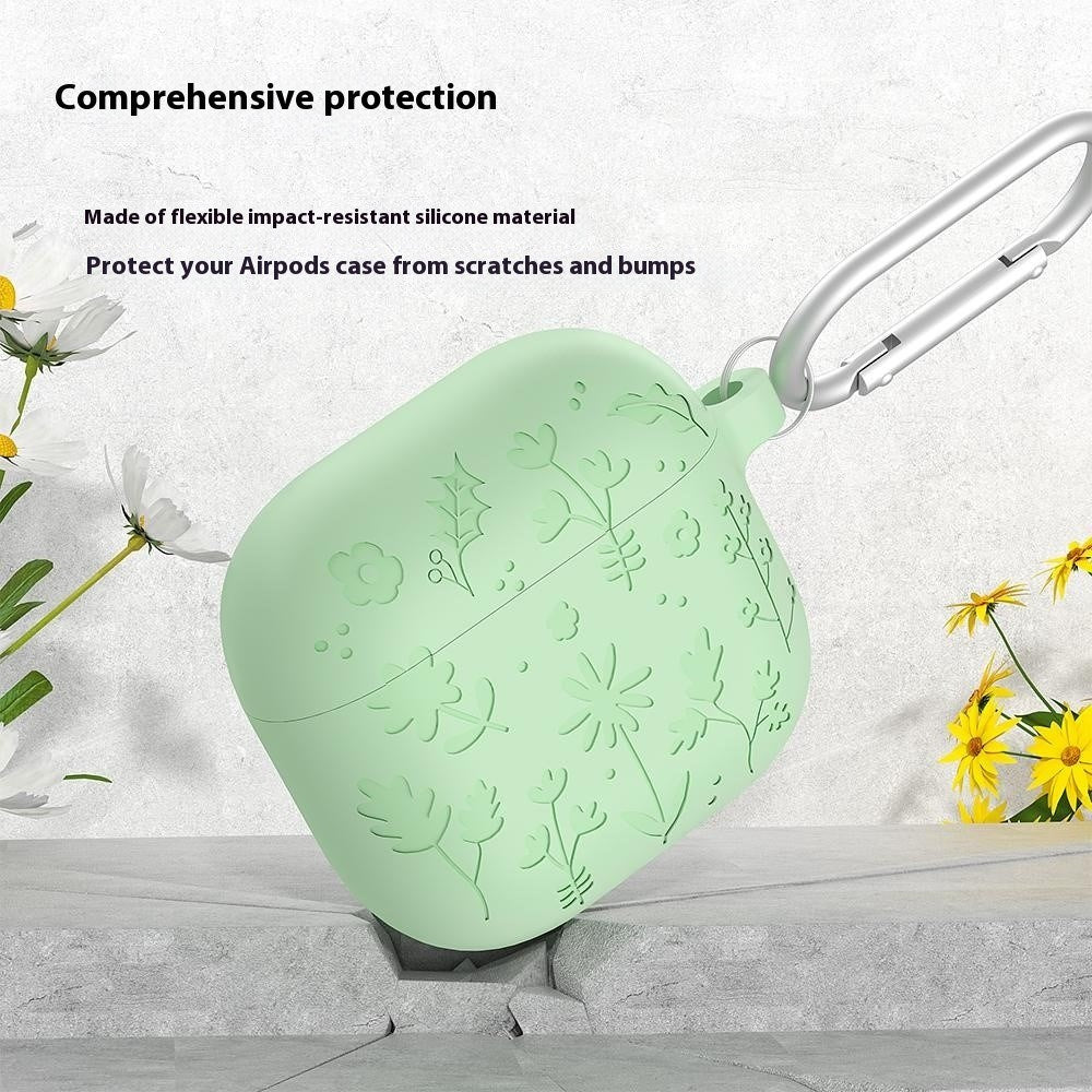 Apple AirPods (4. gen.) Silikone Case m. Karabinhage og Blomsterdesign - Sort