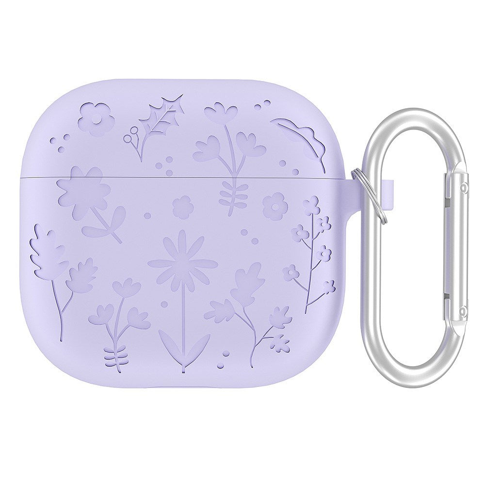 Apple AirPods (4. gen.) Silikone Case m. Karabinhage og Blomsterdesign - Lilla