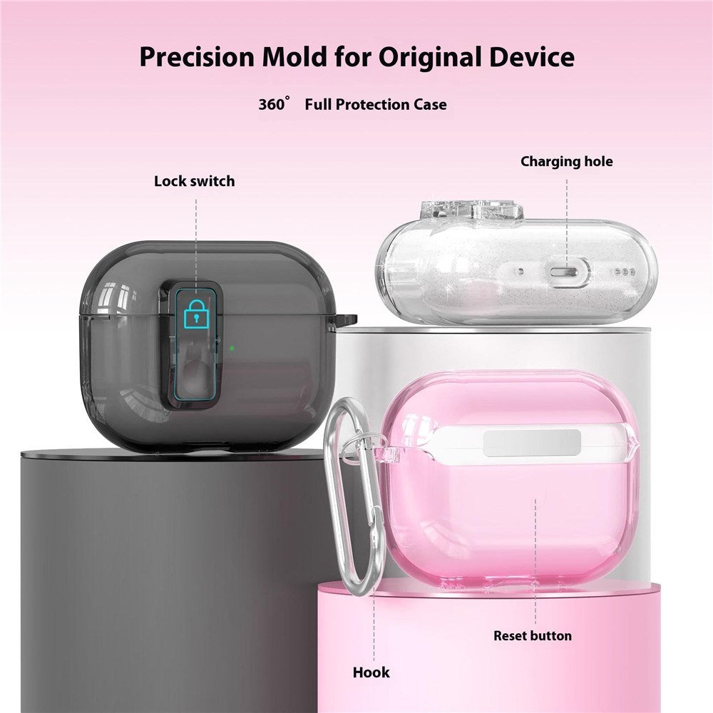 Hybrid Plastik Cover m. Karabinhage - Apple AirPods Pro (3. gen.) - Gennemsigtig Glitter / Lyserød