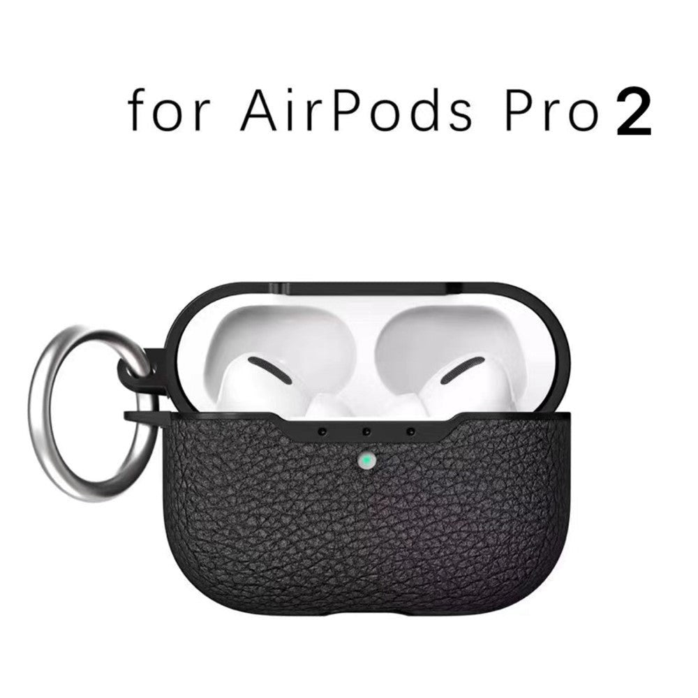 Apple AirPods Pro 2nd Gen (2022) Plastik Cover m. Litchi Lædertekstur og Nøglering - Sort