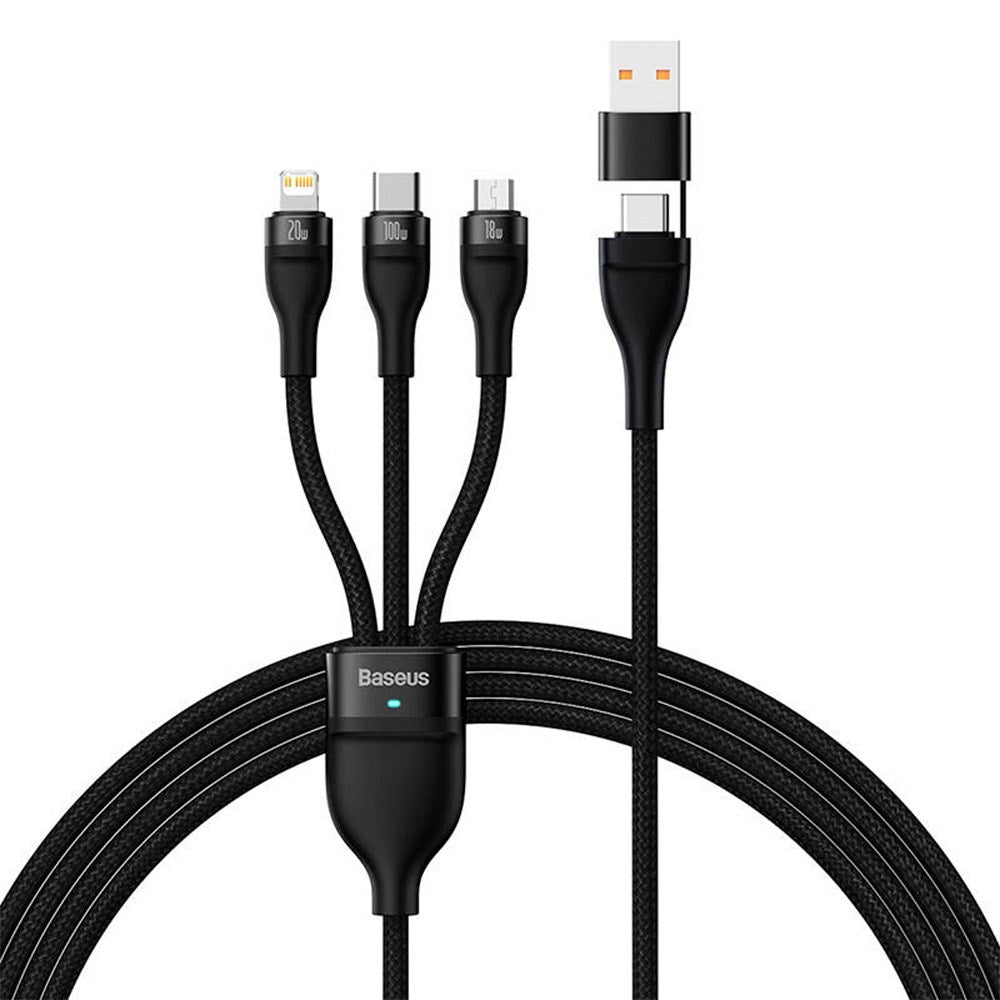 Baseus Flash Series 2 - 3-i-1 100W USB Multi Kabel m. USB-C, Lightning & Micro-USB - 1.2 Meter - Sort