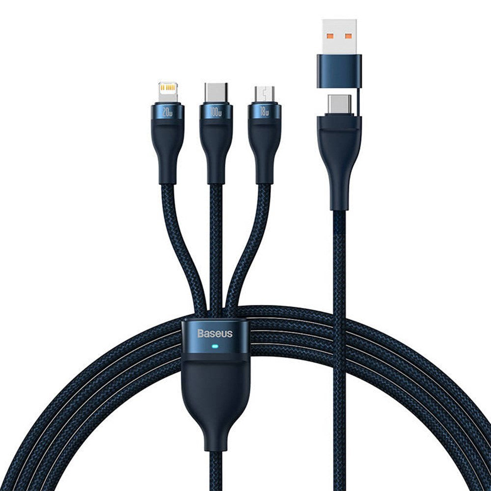 Baseus Flash Series 2 - 3-i-1 100W USB Multi Kabel m. USB-C, Lightning & Micro-USB - 1.2 Meter - Blå