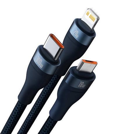 Baseus Flash Series 2 - 3-i-1 100W USB Multi Kabel m. USB-C, Lightning & Micro-USB - 1.2 Meter - Blå