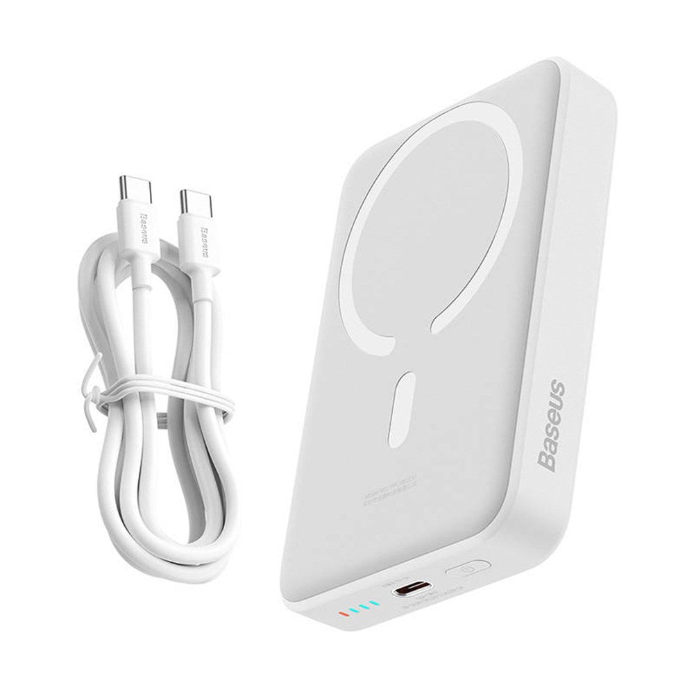 Baseus Mini 30W Magnetisk Powerbank m. USB-C PD & Qi Trådløs Opladning - 10.000 mAh - MagSafe Kompatibel - Hvid