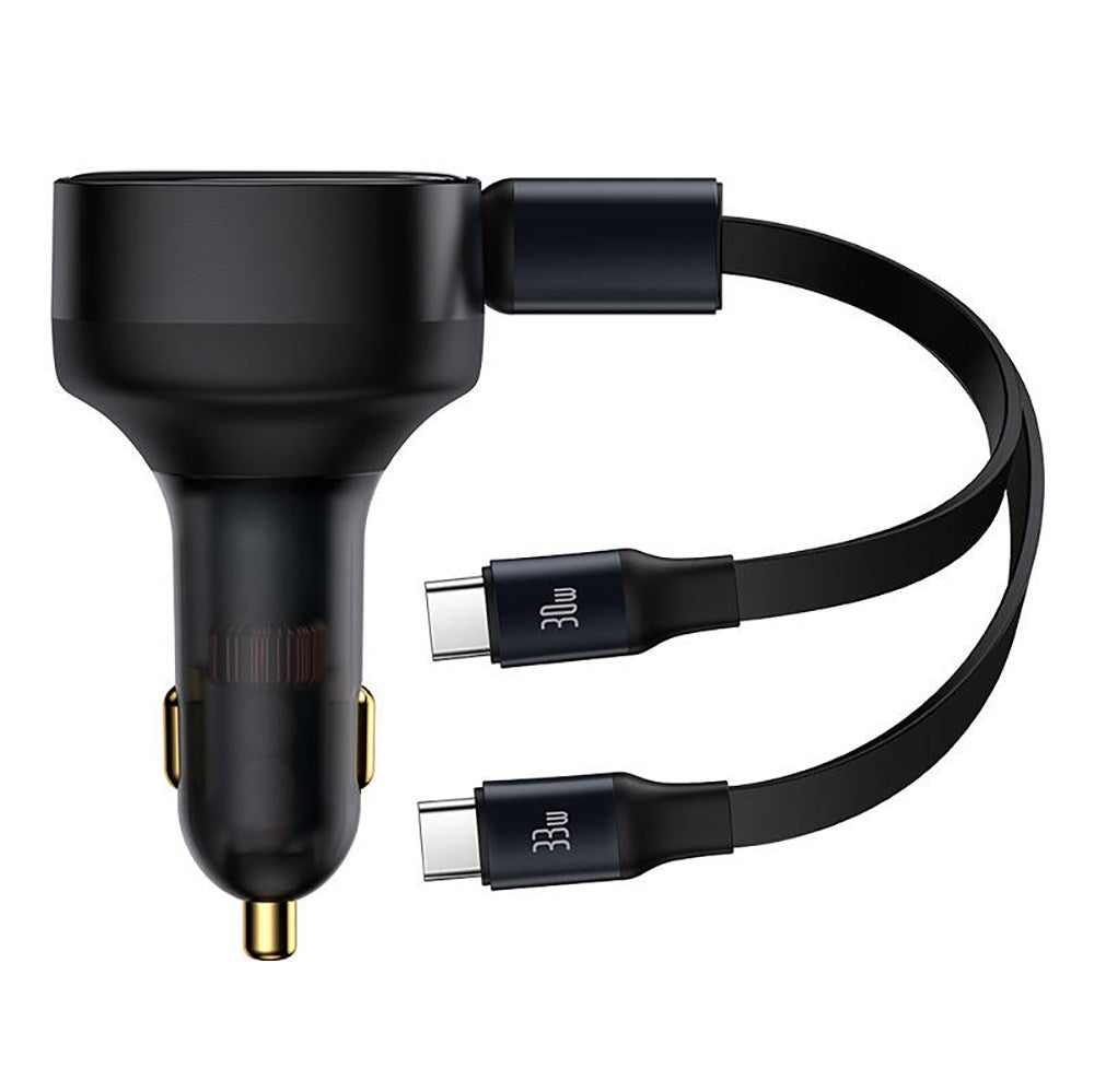 Baseus 33W Biloplader m. 2 x Udtrækkeligt USB-C Kabel - Sort