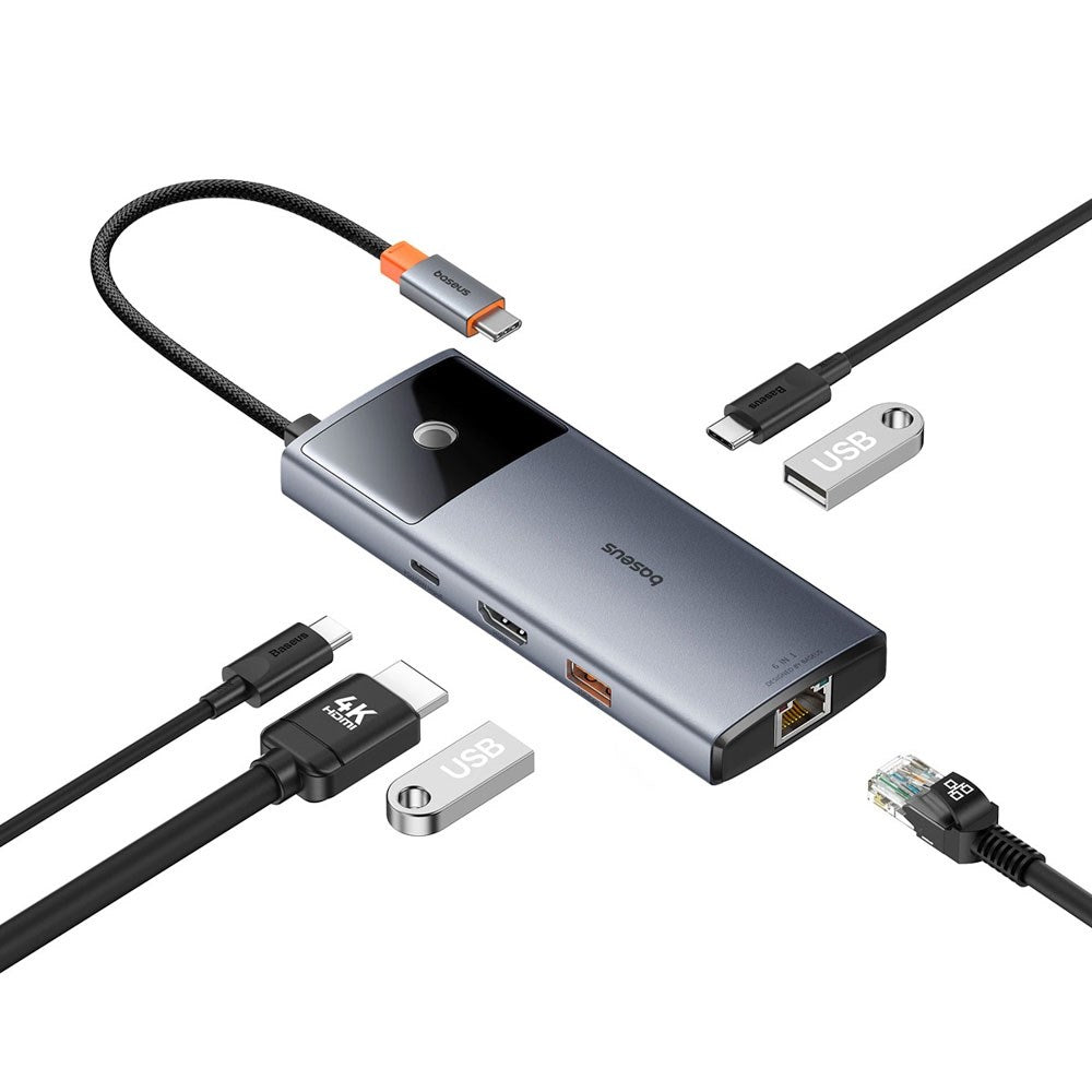 Baseus USB-C 6-i-1 Multiport Hub m. 2 x USB-C 2 x USB-A 1 x HDMI 1 x RJ45 - Grå