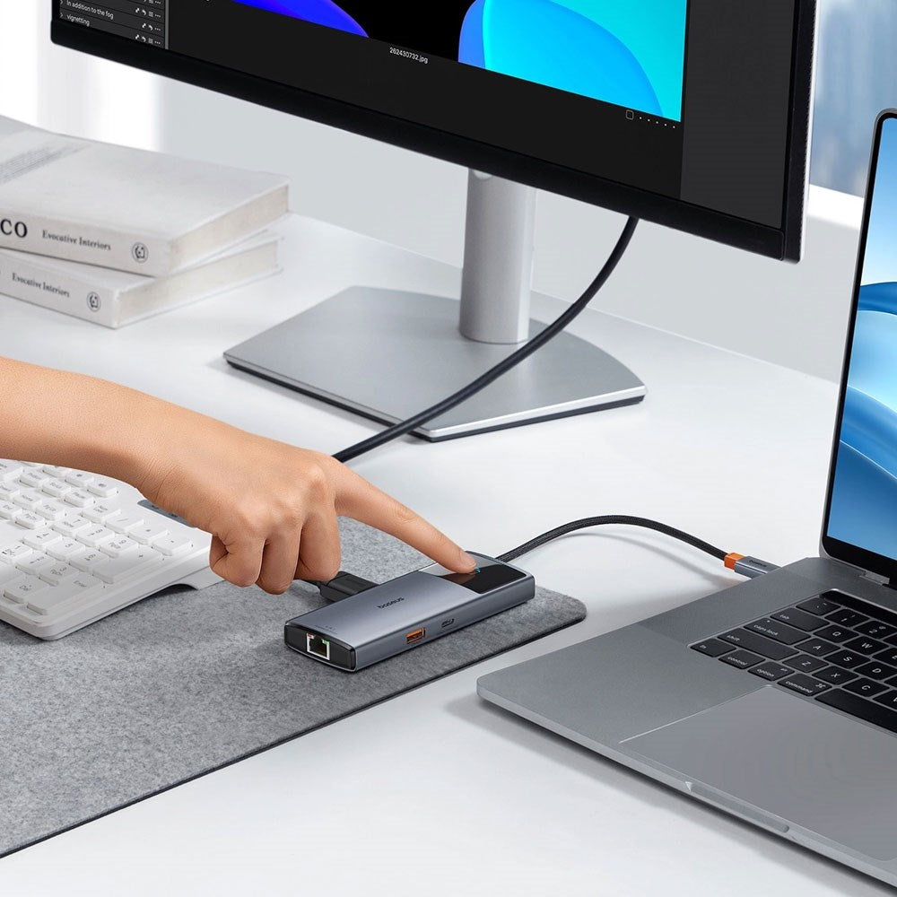 Baseus USB-C 6-i-1 Multiport Hub m. 2 x USB-C 2 x USB-A 1 x HDMI 1 x RJ45 - Grå