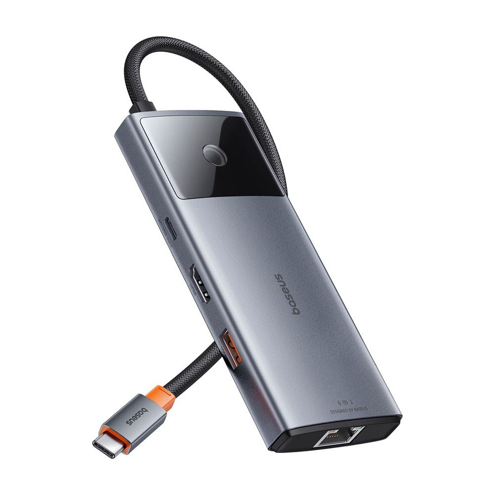Baseus USB-C 6-i-1 Multiport Hub m. 2 x USB-C 2 x USB-A 1 x HDMI 1 x RJ45 - Grå