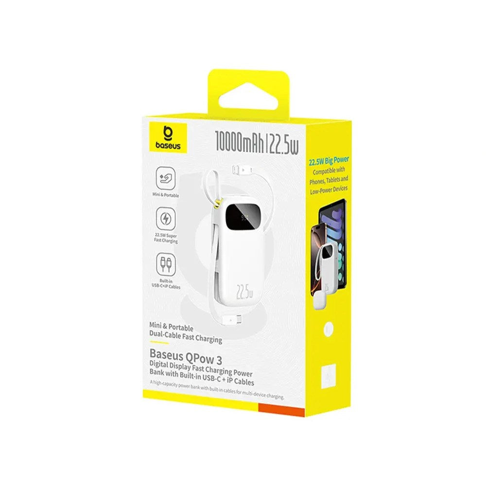 Baseus EnerFill Powerbank - 10.000mAh - 22.5W - USB-C Kabel - Lightning Kabel - Hvid