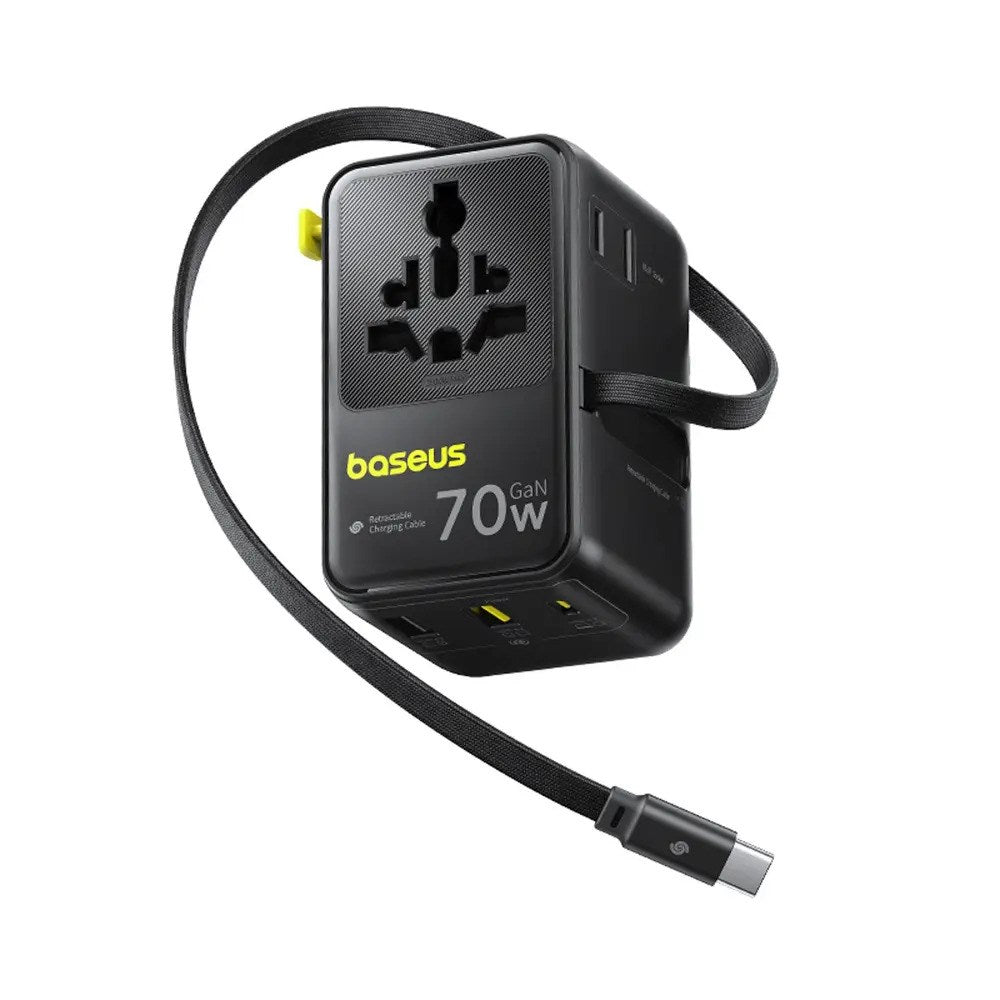 Baseus 70W 6-i-1 Rejseadapter m. Udtrækkeligt USB-C Kabel - Sort