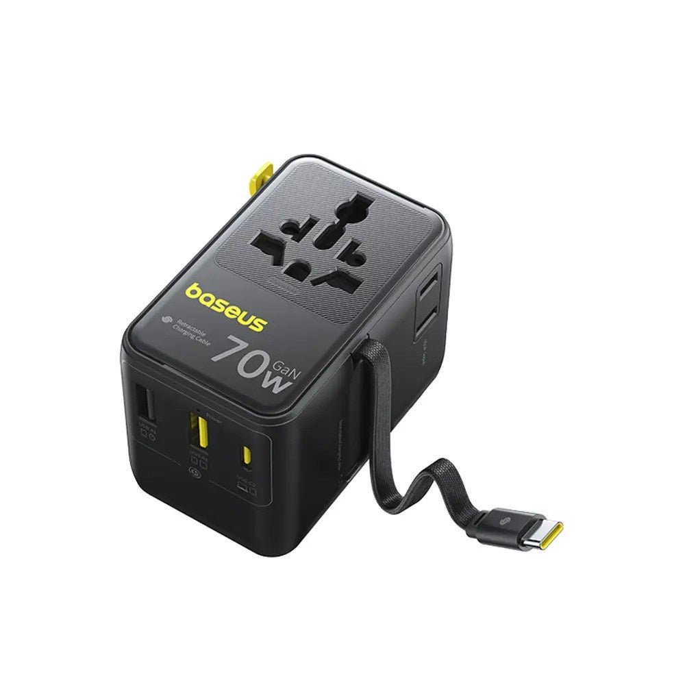 Baseus 70W 6-i-1 Rejseadapter m. Udtrækkeligt USB-C Kabel - Sort