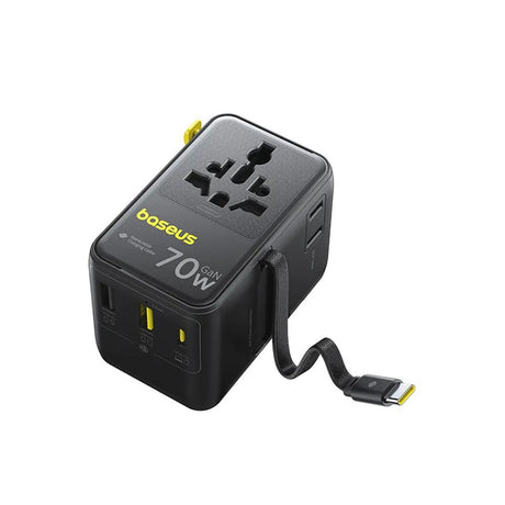 Baseus 70W 6-i-1 Rejseadapter m. Udtrækkeligt USB-C Kabel - Sort