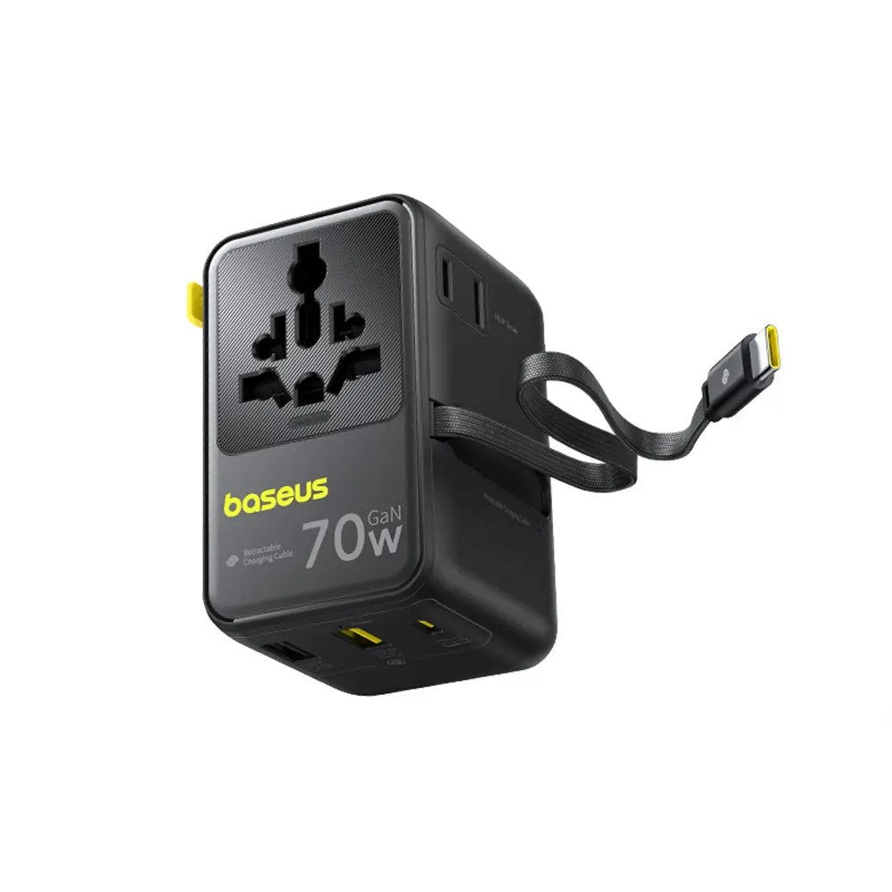 Baseus 70W 6-i-1 Rejseadapter m. Udtrækkeligt USB-C Kabel - Sort