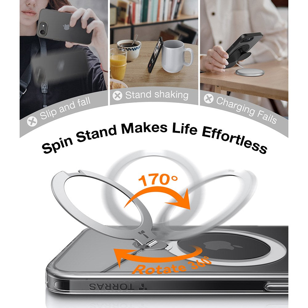 TORRAS - iPhone 16e - Ostand Spin Hybrid Cover m. Kickstand - Gennemsigtig / Sølv