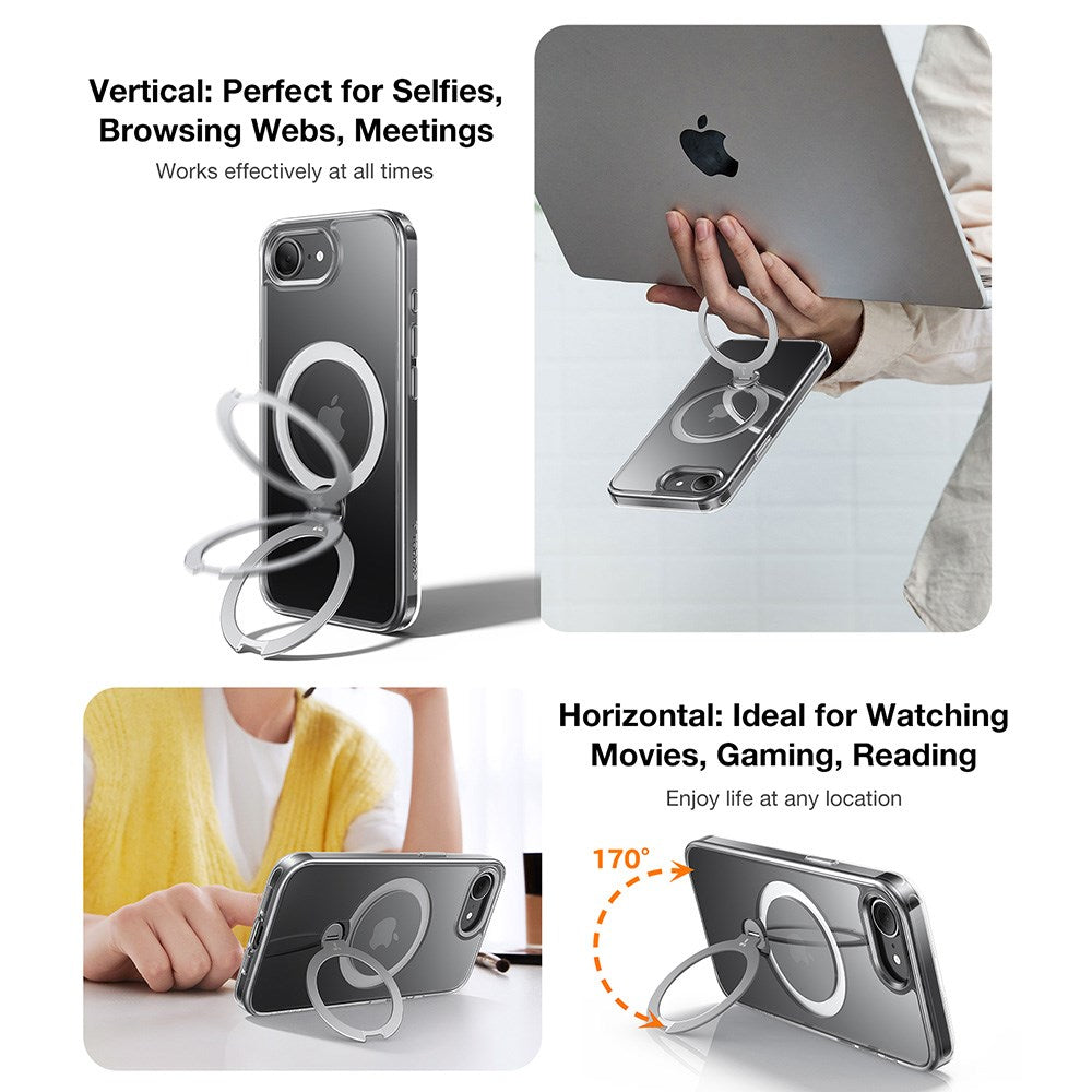 TORRAS - iPhone 16e - Ostand Spin Hybrid Cover m. Kickstand - Gennemsigtig / Sølv