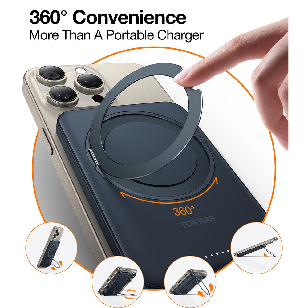 TORRAS Magnetisk 15W Power Bank 5.000mAh m. Ståfunktion - Sort