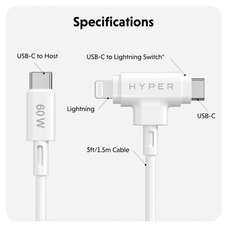 Hyper HyperJuice 2-i-1 Silikone USB-C til USB-C & Lightning Kabel - 1.5m / 60W - Hvid