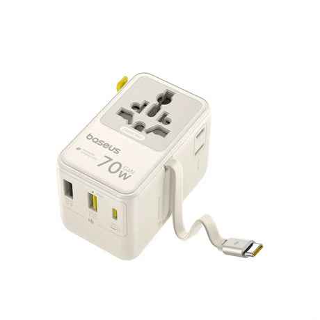 Baseus 70W 6-i-1 Rejseadapter m. Udtrækkeligt USB-C Kabel - Hvid