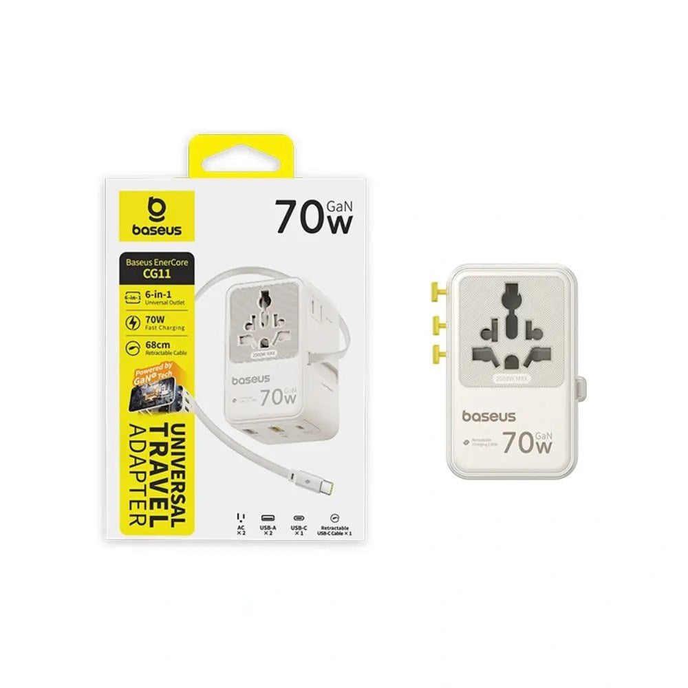 Baseus 70W 6-i-1 Rejseadapter m. Udtrækkeligt USB-C Kabel - Hvid