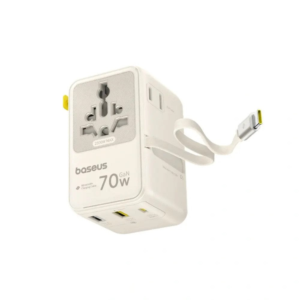 Baseus 70W 6-i-1 Rejseadapter m. Udtrækkeligt USB-C Kabel - Hvid