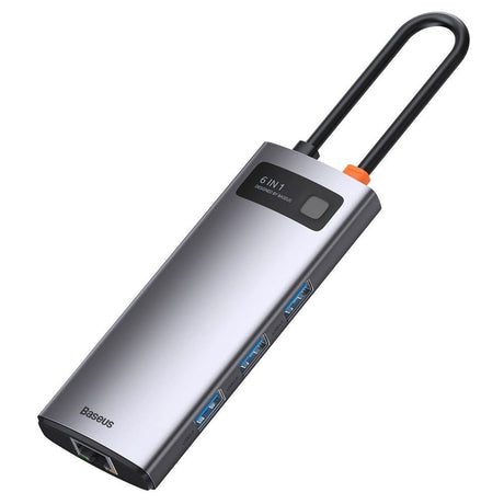 Baseus 6-i-1 USB-C Multiport Hub m. 3 x USB-A 1 x USB-C 1 x HDMI 1 x RJ45 - Grå