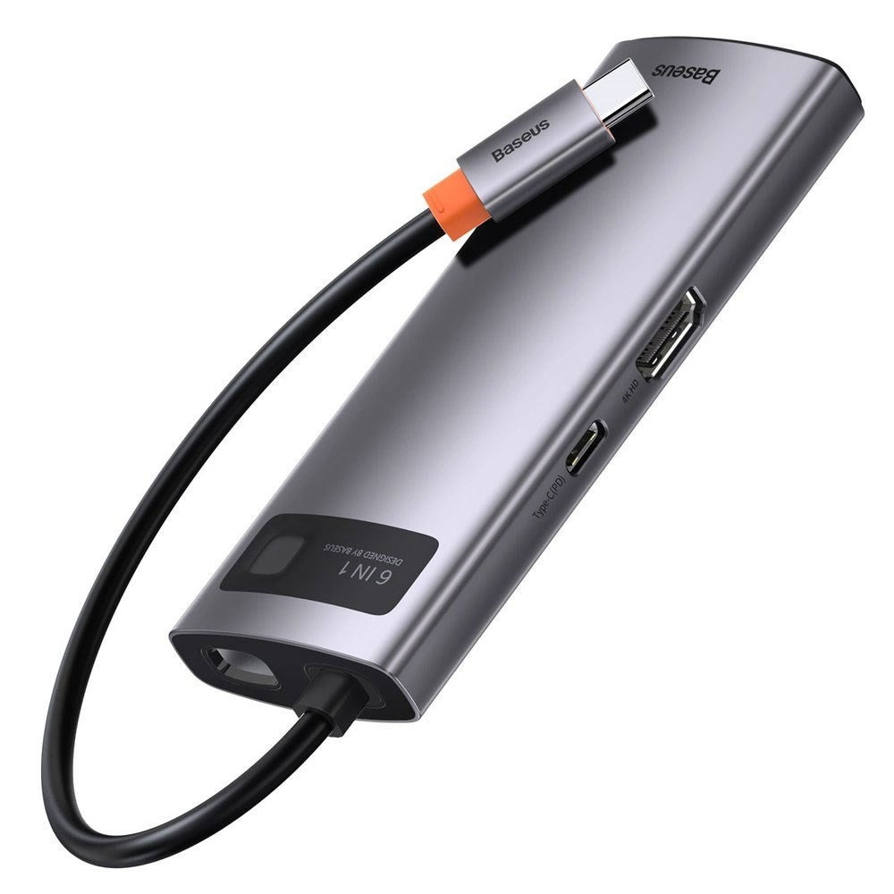 Baseus 6-i-1 USB-C Multiport Hub m. 3 x USB-A 1 x USB-C 1 x HDMI 1 x RJ45 - Grå