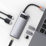 Baseus 6-i-1 USB-C Multiport Hub m. 3 x USB-A 1 x USB-C 1 x HDMI 1 x RJ45 - Grå