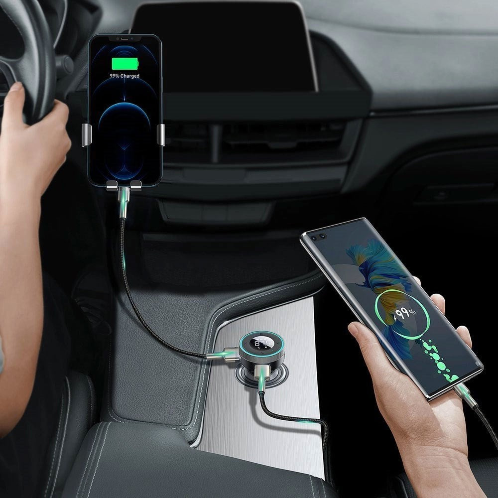 Baseus Biloplader m. Indbygget FM Transmitter & 2 x USB-A & 1 x 3.5mm Jackstik - Sort
