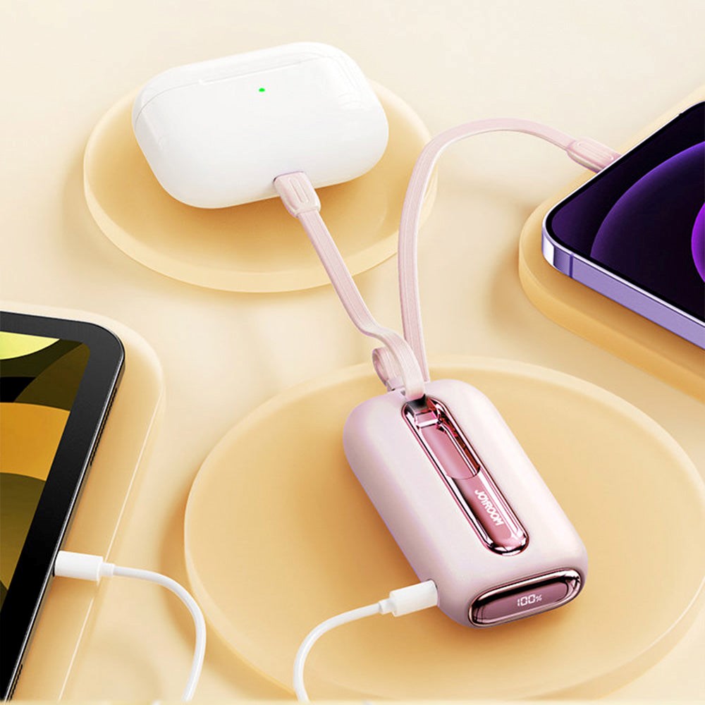 Joyroom JR-L012 Powerbank 22.5W USB-C PD m. Indbygget USB-C & Lightning Kabel - 10.000 mAh - Lyserød