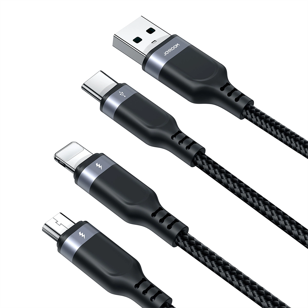 Joyroom 3-i-1 Nylon USB-C / Lightning / Micro USB Kabel - 30cm - Sort
