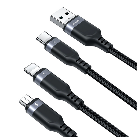 Joyroom 3-i-1 Nylon USB-C / Lightning / Micro USB Kabel - 30cm - Sort