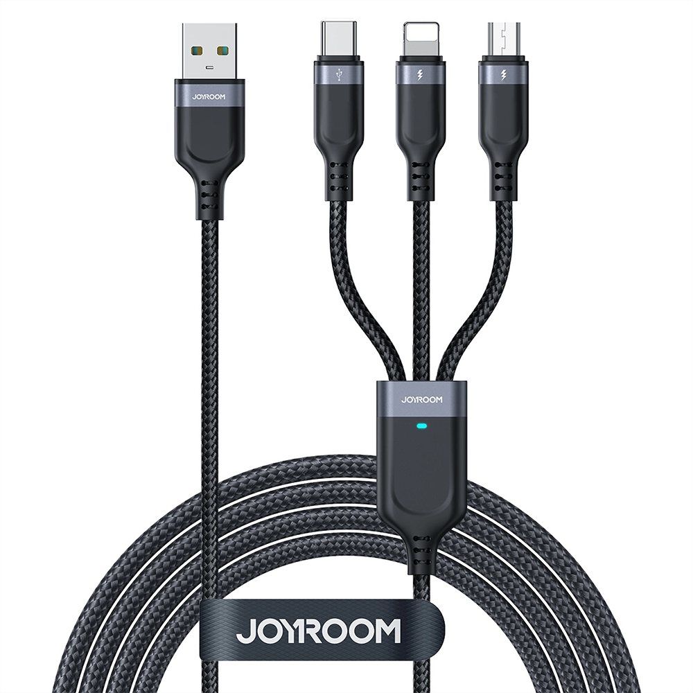 Joyroom 3-i-1 Nylon USB-C / Lightning / Micro USB Kabel - 30cm - Sort