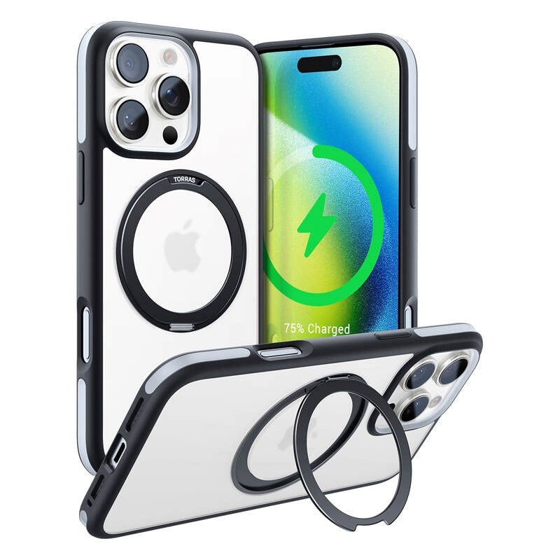 TORRAS - iPhone 16 Pro - Hybrid Plastik Cover m. Roterbar Kickstand Ring - MagSafe Kompatibel - Gennemsigtig / Sort