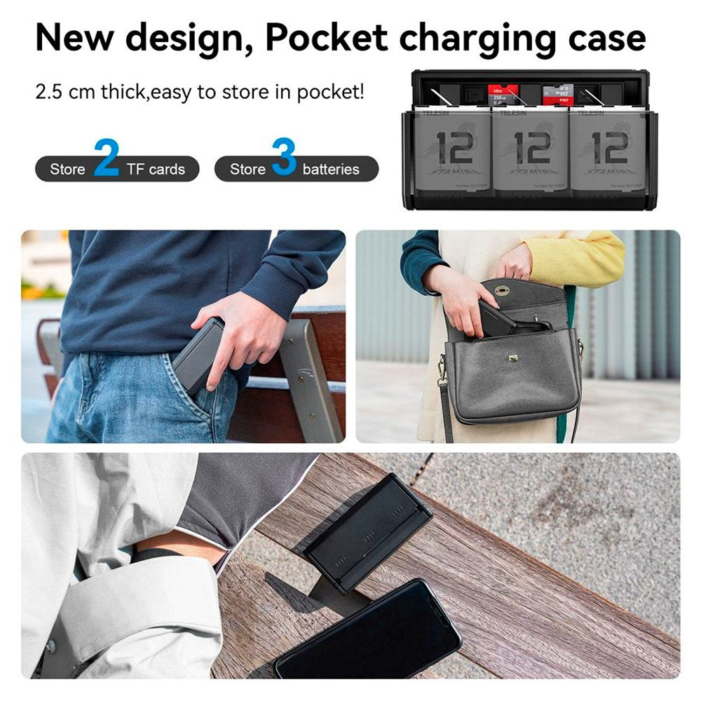 TELESIN Batteri Opladningscase & 2x Stamina Batteri Kit - GoPro Hero 9 / 10 / 11 / 12 - Sort