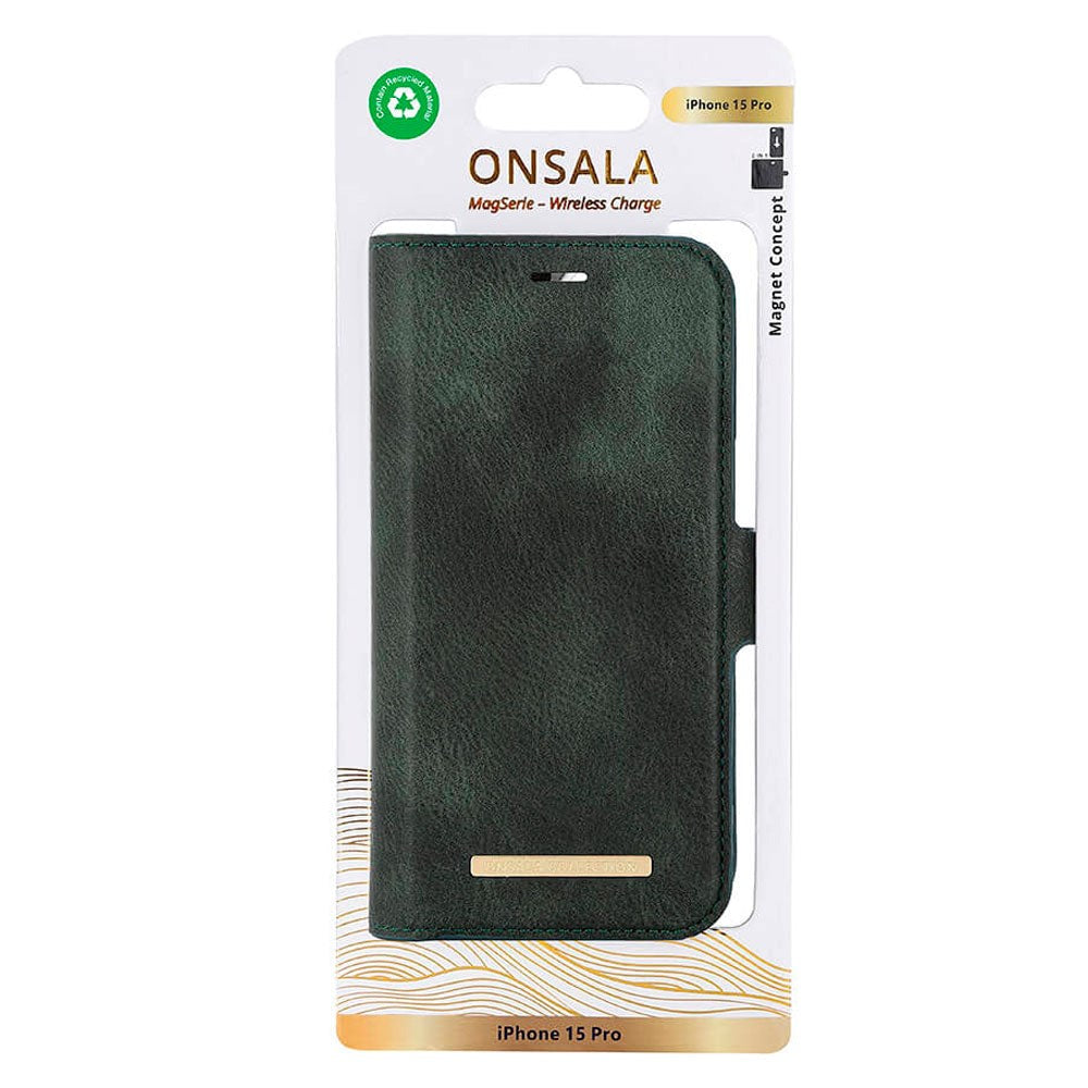 iPhone 15 Pro GEAR ONSALA Fashion Collection Wallet Flip Cover m. Magnet - MagSafe Kompatibel - Dark Green