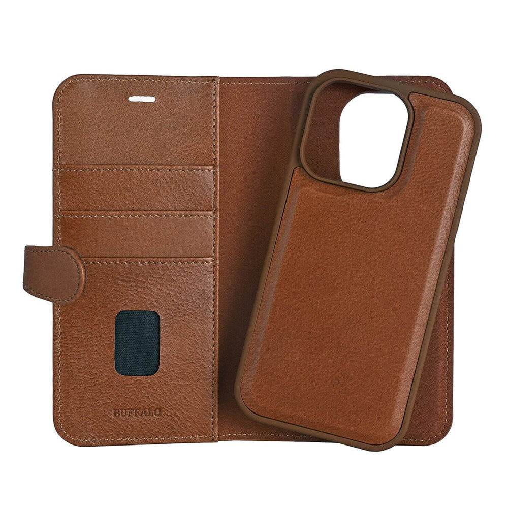iPhone 16 Pro Buffalo 2-in-1 Wallet Ægte Læder Magnet Flip Cover m. Pung - MagSafe Kompatibel - Brun