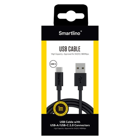 Smartline (3A/15W) USB2.0 - USB-C Kabel 1 m. - Sort