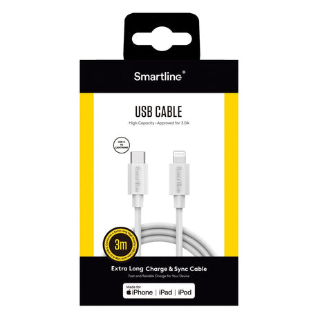 Smartline (3A/15W) USB-C til Lightning Kabel 3 m. - Hvid