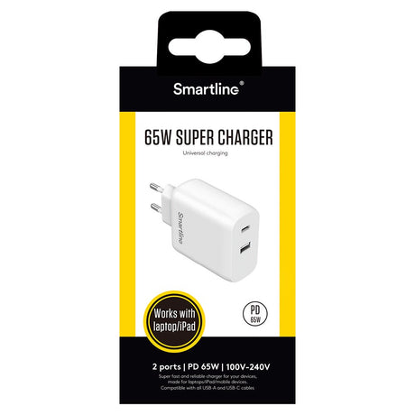 Smartline Super Charger 65W PD Vægoplader USB-C & USB-A - Hvid