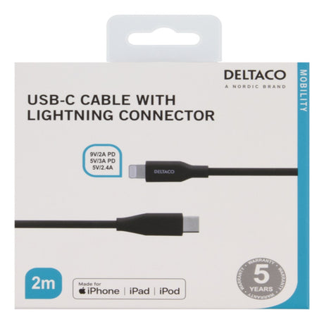 Deltaco USB-C til Lightning Kabel - 18W / 2m - Sort
